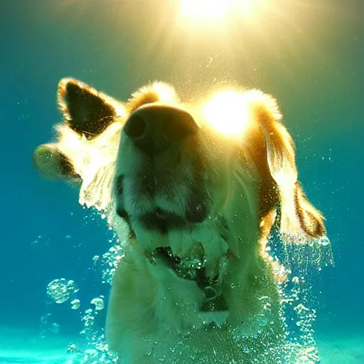 Image similar to dog underwater photography and light scattering, water refractions turned out impressive imho,