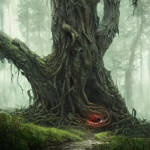 Image similar to an ent from lord of the rings, in the shape of a rat, in a corrupted forest, by greg rutkowski, trending on art station, highly detailed, magic the gathering, matte painting