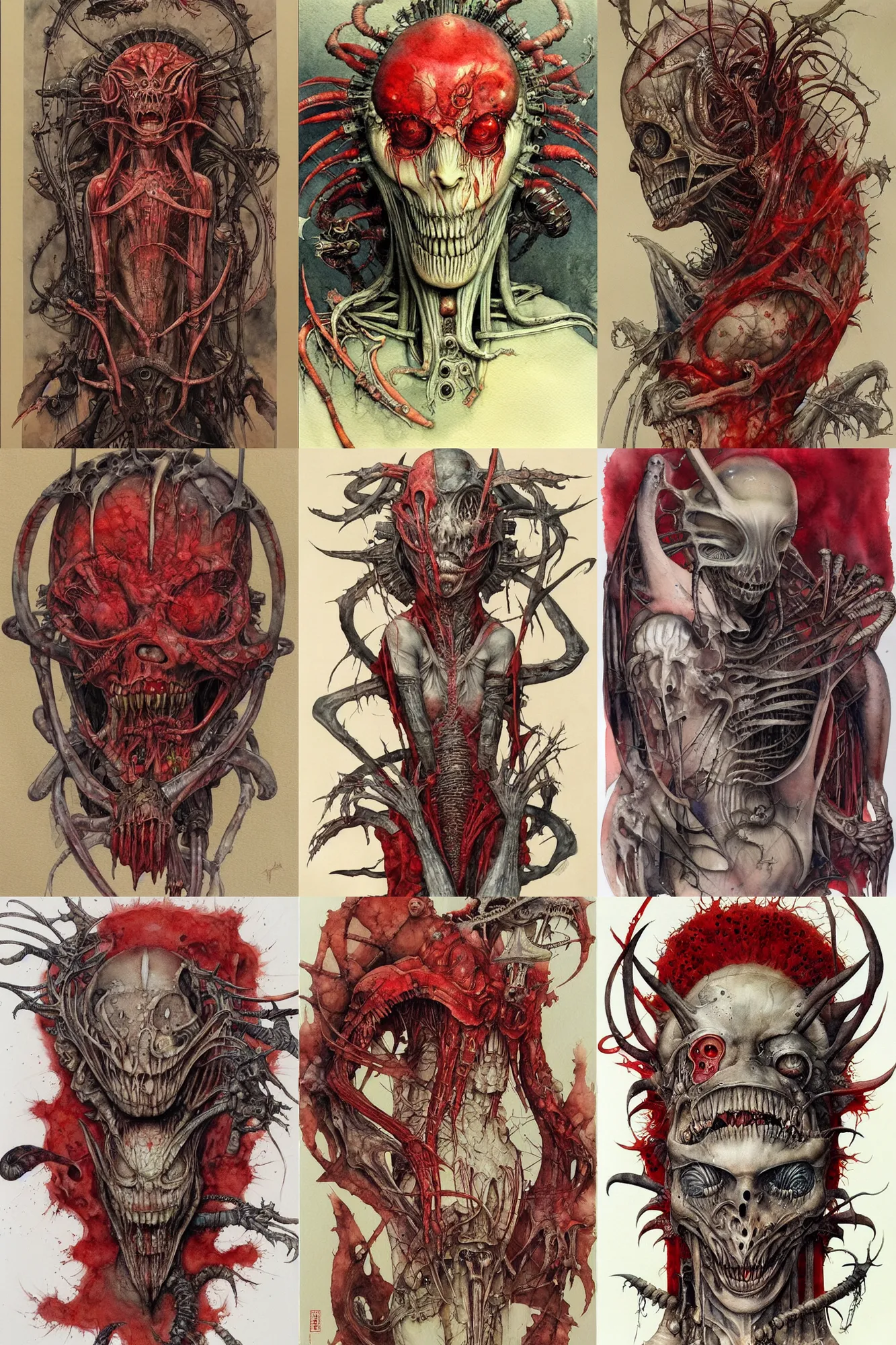 Prompt: watercolor painting by brain froud, dave dorman, takato yamamoto, h. r. giger, red