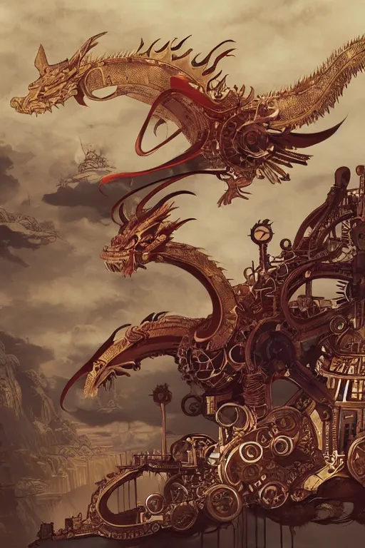 Image similar to anime style movie illustration, old sick gold and crimsoned scaled asian dragon on a steam punk couch with wires and gears and steam punk apparatus, artstation, matte painting, style of studio ghibli, featured in artstation and artgerm and pixiv, award winning, cinematic, elegant, intricate, 8 k