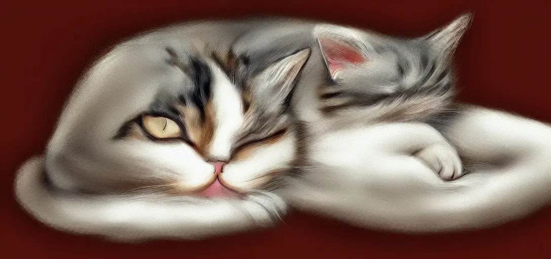 Image similar to cat sleeping in bed, digital art