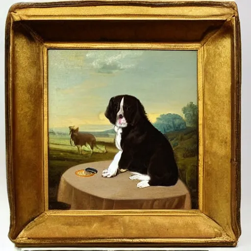 Prompt: An oil painting from 1664 of a dog sitting on a table.