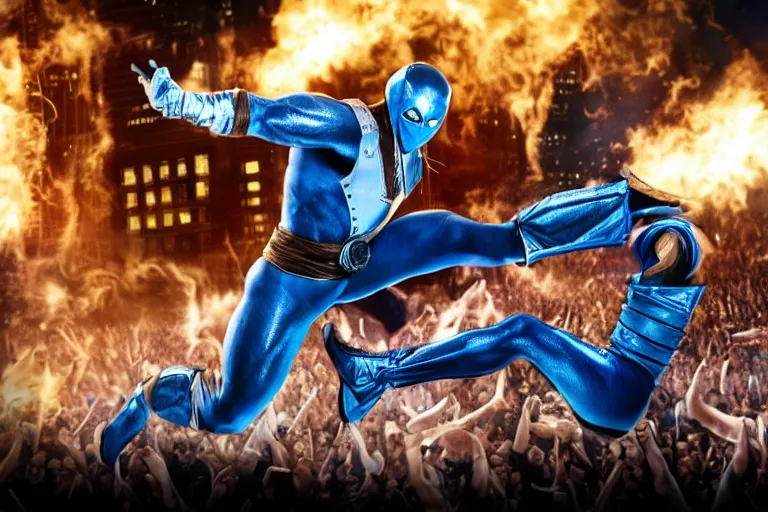 Prompt: subzero from mortal kombat jump kicking across the stage at a flashy, fancy, scientology gathering, movie still, 8 k