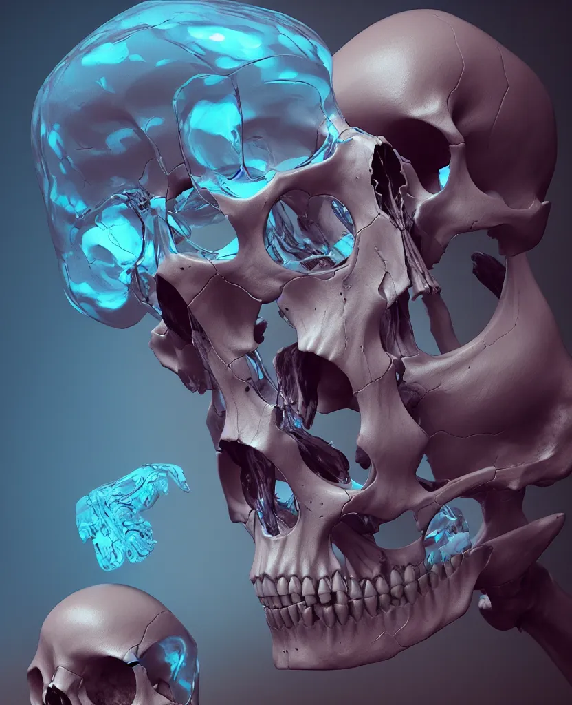 Image similar to composition of human skulls, animals skulls, bones, rib-cage and orchids, bioluminiscent, by Tooth Wu and wlop and beeple. octane render, trending on artstation, greg rutkowski very coherent symmetrical artwork. cinematic, hyper realism, high detail, octane render, 8k