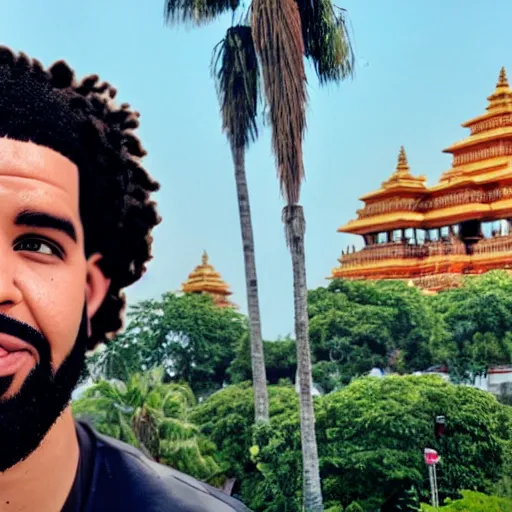 Prompt: photo of drake glaring, short hair, beard, hindu temple in background