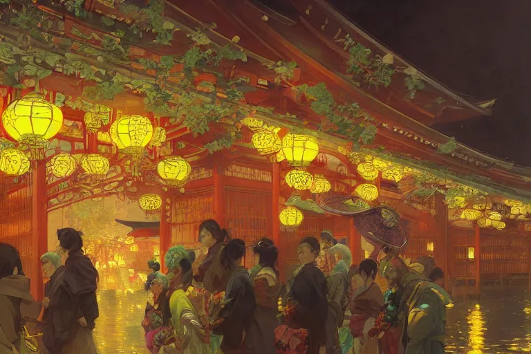 Image similar to a beautiful realistic painting of the lantern festival in old kyoto, neon colors, intricate, elegant, highly detailed, digital painting, artstation, concept art, by krenz cushart and artem demura and alphonse mucha