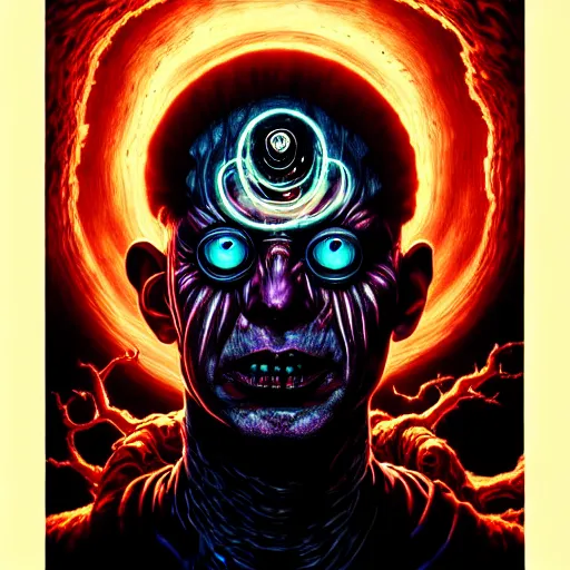 Image similar to uhd photorealistic dark scifi illustration of klaus schwab, reading necronomicon wearing bizarre voodoo makeup. cinematic lighting, intricate makeup, swirling ghosts, in the style of akira toriyama, beksisnski, amano and karol bak, evil, fantasy, hyperdetailed.