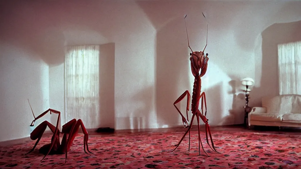 Image similar to the giant praying mantis head in the living room made of wax and water, film still from the movie directed by Wes Anderson with art direction by Salvador Dalí, wide lens