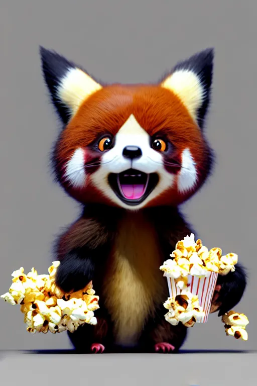 Image similar to high quality 3 d render hyperrealist very cute gothic happy red panda & koala hybrid eating popcorn, vray smooth, detective pikachu, very dramatic light, low angle, uhd 8 k, shallow depth or field