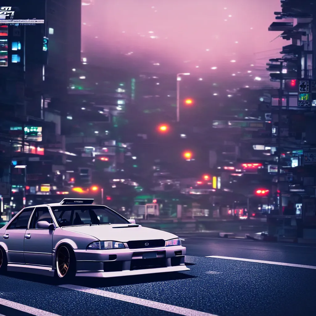 Image similar to a single car JZX100 twin turbo drift in the road, Tokyo prefecture, Japanese architecture, city sunset mist lights, cinematic lighting, photorealistic, detailed alloy wheels, highly detailed