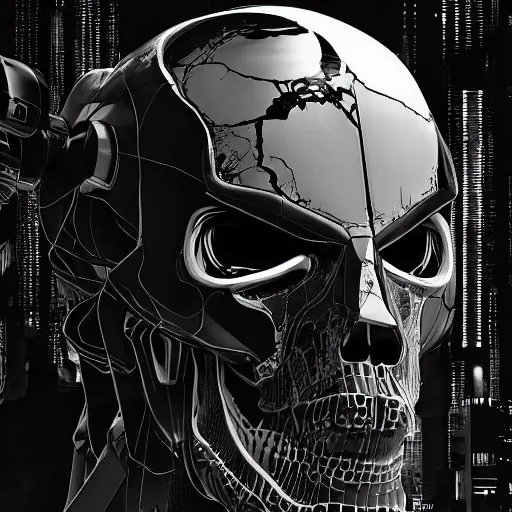 Prompt: black and white cyberpunk style dark metal skull, mecha hard-surface, cyberpunk, hyperrealistic, cinematic, unreal engine, 3D, 8K, imagined by Ash Thorp, tsutomu nihei ghost in the shell akira