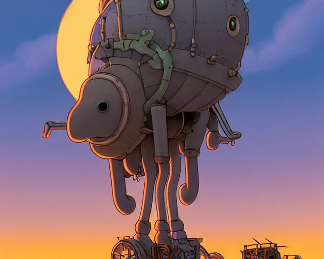 Prompt: a cell shaded cartoon giant grey lovecraftian mechanized ostrich from howl's moving castle ( 2 0 0 4 ), with a big head, on a desert road, wide shot, sunset, golden hour, muted colors, post grunge, josan gonzales, wlop, by james jean, victor ngai, hq, deviantart, art by artgem