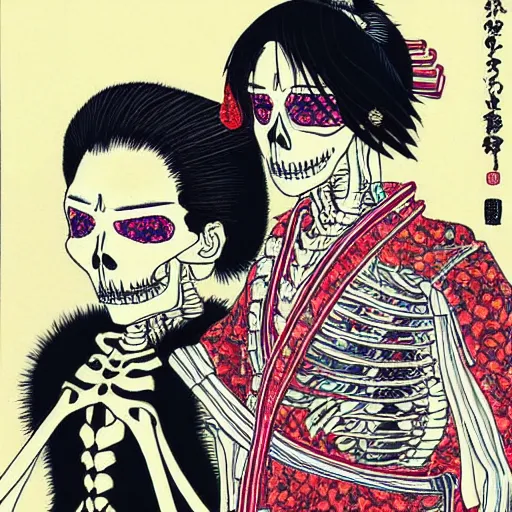 Image similar to portrait of a skeleton samurai and his beautiful Japanese wife by Toshio Saeki, high detailed