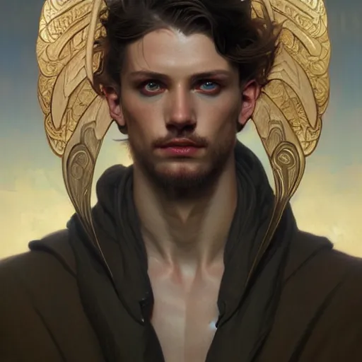 Image similar to Portrait of male fallen angel, D&D, blue eyes, face, fantasy, intricate, elegant, highly detailed, digital painting, artstation, concept art, smooth, sharp focus, illustration, art by artgerm and greg rutkowski and alphonse mucha