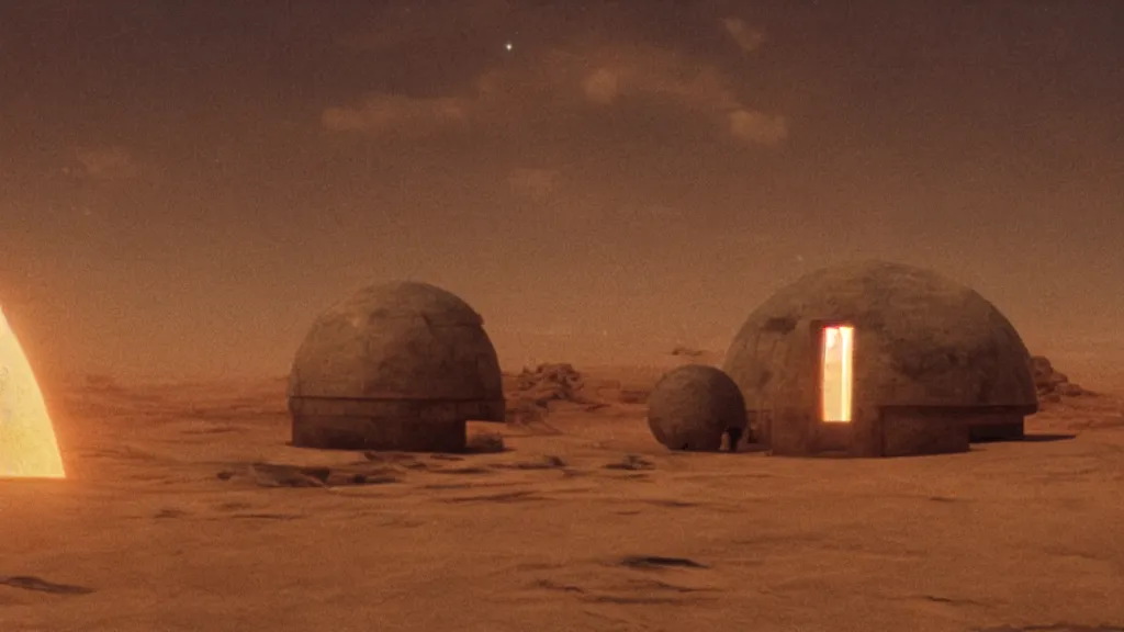 Image similar to film still Luke skywalker watches tatooine binary sunset moisture farm dome house