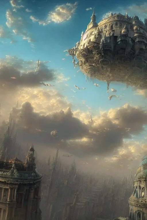 Image similar to a beautiful hyper realistic detailed matte painting of a city floating in the air, flying castle might, vivid color hues, looks like creativity by john howe, greg rutkowski, gustave dore, ferdinand knab, lush sky above a desolate apocalyptic plain, barometric projection, rectilinear, octane render, ellen jewett, beautiful surreal palatial pulsar at dawn