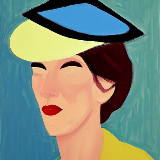 Image similar to beautiful woman with hat, by Alex Katz, colorful, light, oil on canvas