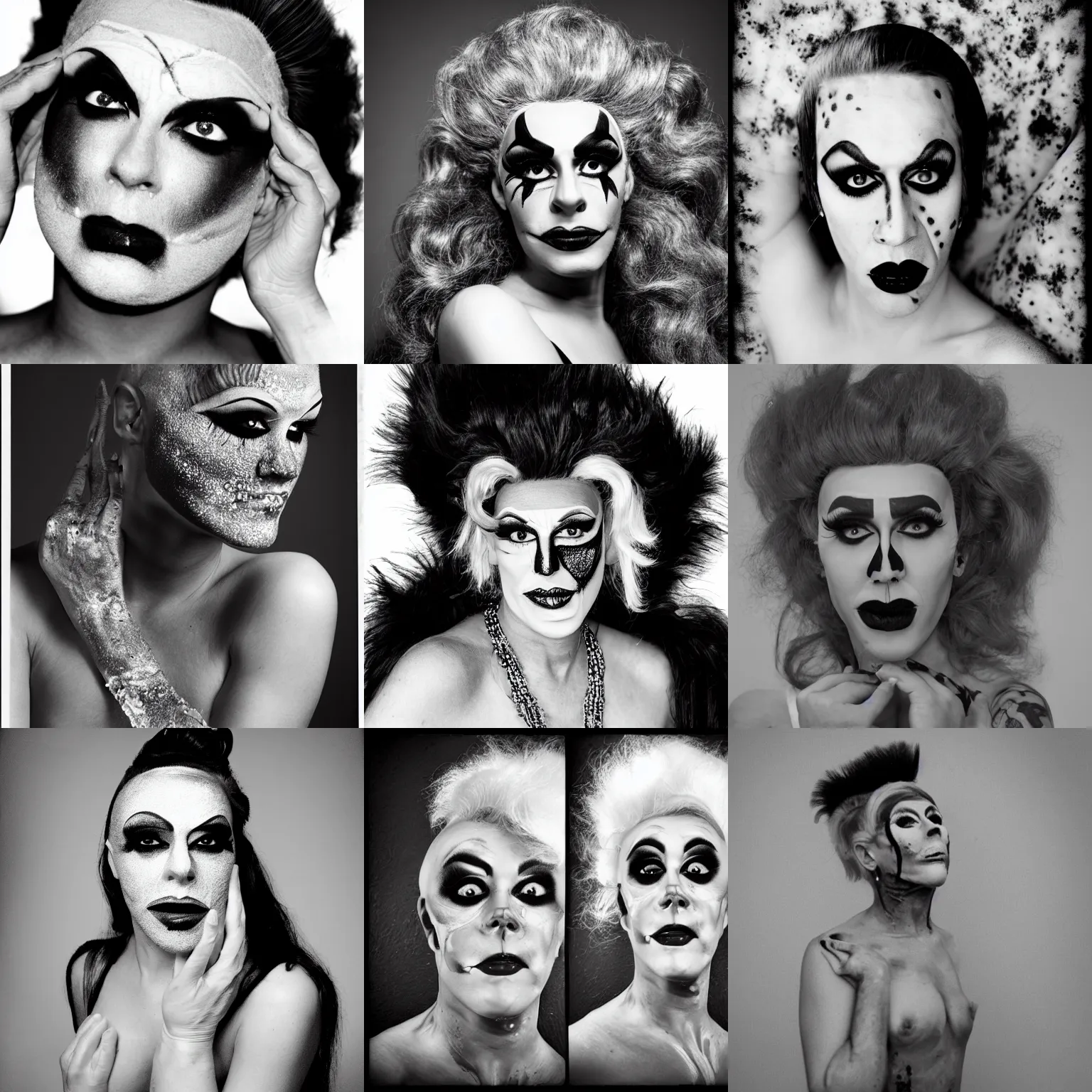 Prompt: drag queen skin disease, creepy black and white photography