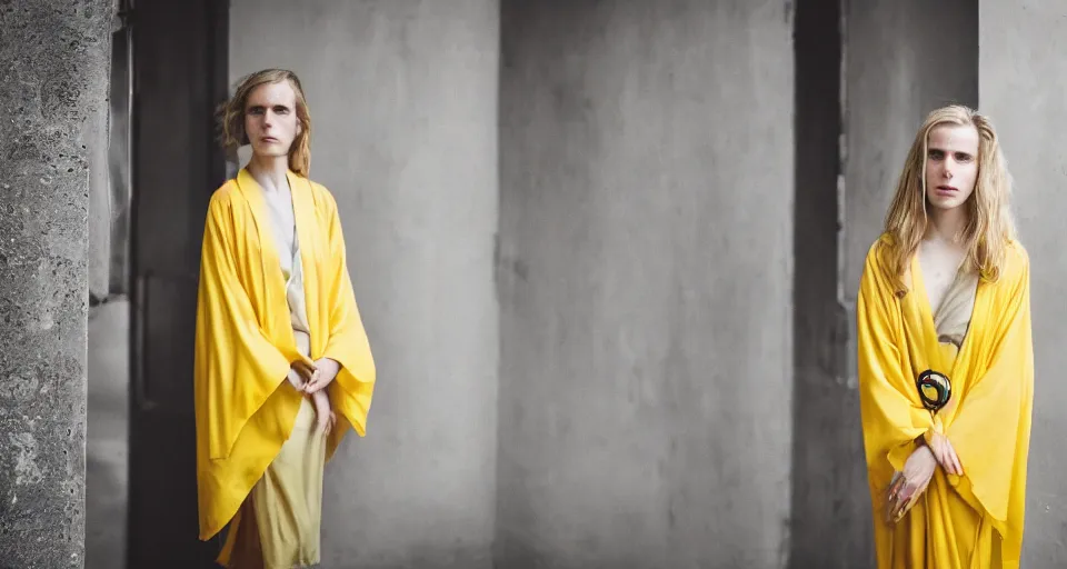 Image similar to Medium format portrait photography of a elegant young woman that look like Brit Marling wearing a yellow kimono in Palmehuset Copenhagen, Denmark, bokeh