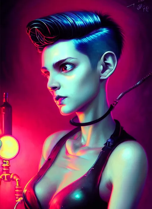 Prompt: a young sophisticated beautiful barmaid, dimly lit industrial grunge cyberpunk dive bar, dystopian retrofuturistic 1980s neon vibe, relaxed pose, pixie cut with shaved side hair, wild, highly detailed, digital painting, artstation, sharp focus, illustration, detailed digital art style by artgerm and greg rutkowski and Mohrbacher + perfect facial symmetry + dim volumetric lighting, vibrant deep colors, 🍸, 8k octane beautifully detailed render, post-processing, extremely hyperdetailed, epic composition, grim yet sparkling atmosphere, cinematic lighting + masterpiece, Art Nouveau