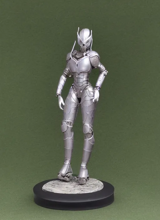 Prompt: 80mm, resin detailed model figure of a female wearing a silver mantis armor