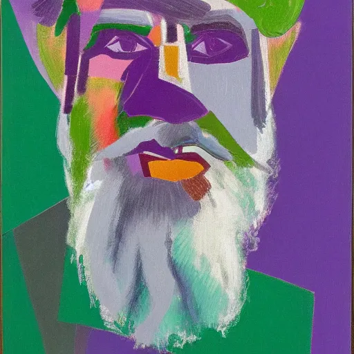 Prompt: bearded beautiful man, broad brush, detailed, purple, white, green colour scheme oil on canvas, by joshua miels, willem de kooning, giorgio griffa, niele toroni