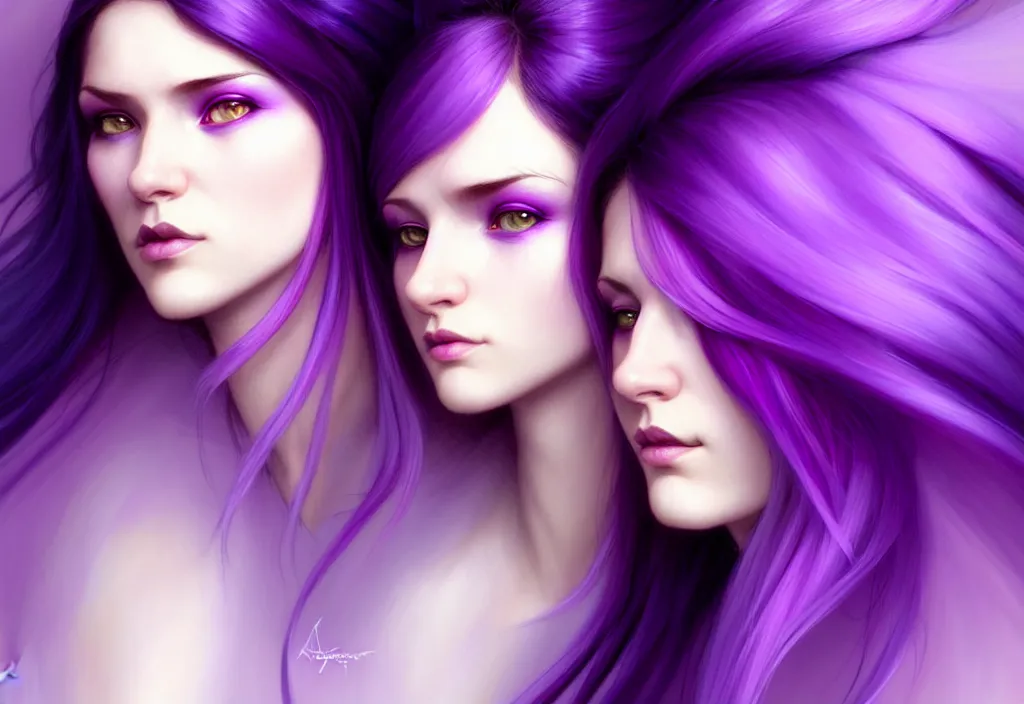 Image similar to Purple hair relistic Portrait of a two woman with bright colored flying hair, all shades of purple. Beauty face, Hair coloring, fantasy, intricate, elegant, highly detailed, digital painting, artstation, concept art, smooth, sharp focus, illustration, art by artgerm and greg rutkowski and alphonse mucha