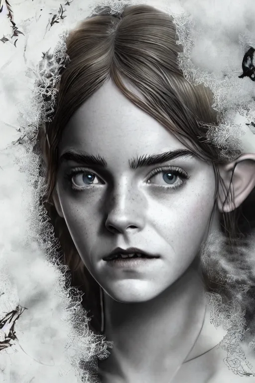 Prompt: a mix of of emma watson, anya taylor - joy and emma stone, evil sorceress elf, lotr, hyperrealism, octane render, extremely detailed, intricate smoke magic, lace, style of mark ryden, earl nore, hyung tae, frank frazetta