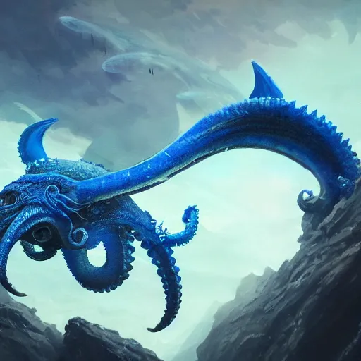 Image similar to A blue Kraken in the sea, highly detailed, fantasy art, female art, in the style of greg rutkowski, illustration, epic, fantasy, intricate, hyper detailed, artstation, concept art, smooth, sharp focus, ray tracing