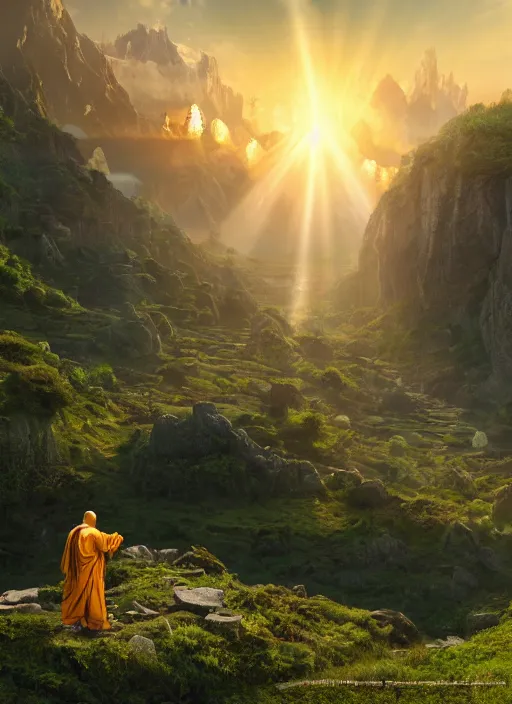 Image similar to a cosmic monk in lord of the rings scenery landscape, looking out at a vast lush valley at sunrise, huge temple in the distance, god's rays, highly detailed, vivid color, cinematic lighting, perfect composition, 8 k, gustave dore, derek zabrocki, greg rutkowski, belsinski, octane render