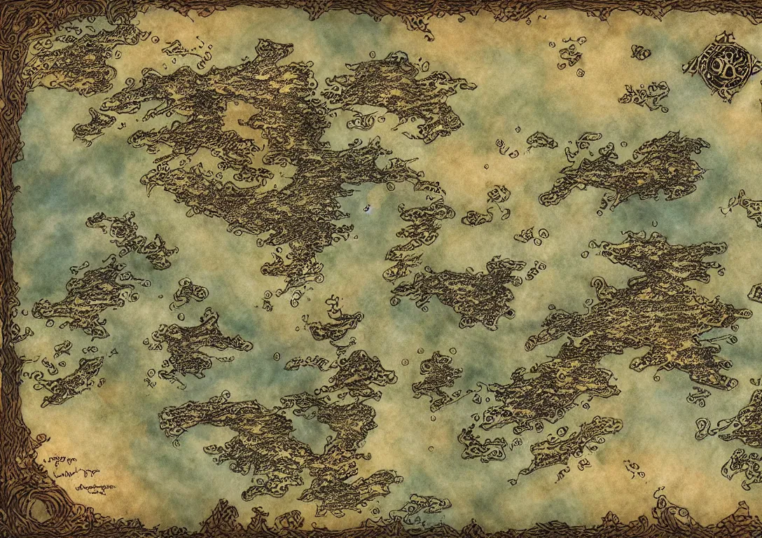 Prompt: simple fantasy map, the land of Odrua, several continents, world of Lute, by JRR Tolkien and Brian Froud, Vatican Map Room, fantasy concept painting, Magic The Gathering Art, trending on art station, showing kingdoms, oceans, continents, vast seas, open plains, swamps frame border
