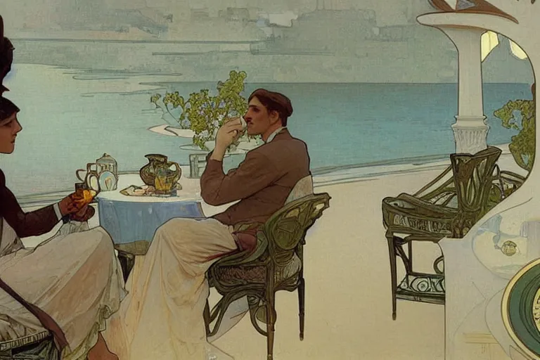 Image similar to a matte painting of a man sitting down and having a cup of tea in his house by the beach, by alphonse mucha, muted colors