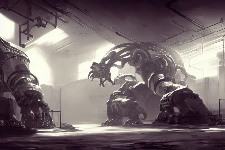 Image similar to robosaurus parallax datacenter server room interior single mono colossus white rusty robot sitting artstation cinematic detailed concept art volumetric light sharp coherent cgsociety symmetric perfect well balanced shadows lotr servers