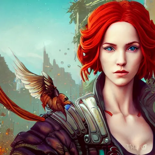 Image similar to Lofi BioPunk portrait triss merigold with a phoenix, Pixar style by Tristan Eaton Stanley Artgerm and Tom Bagshaw