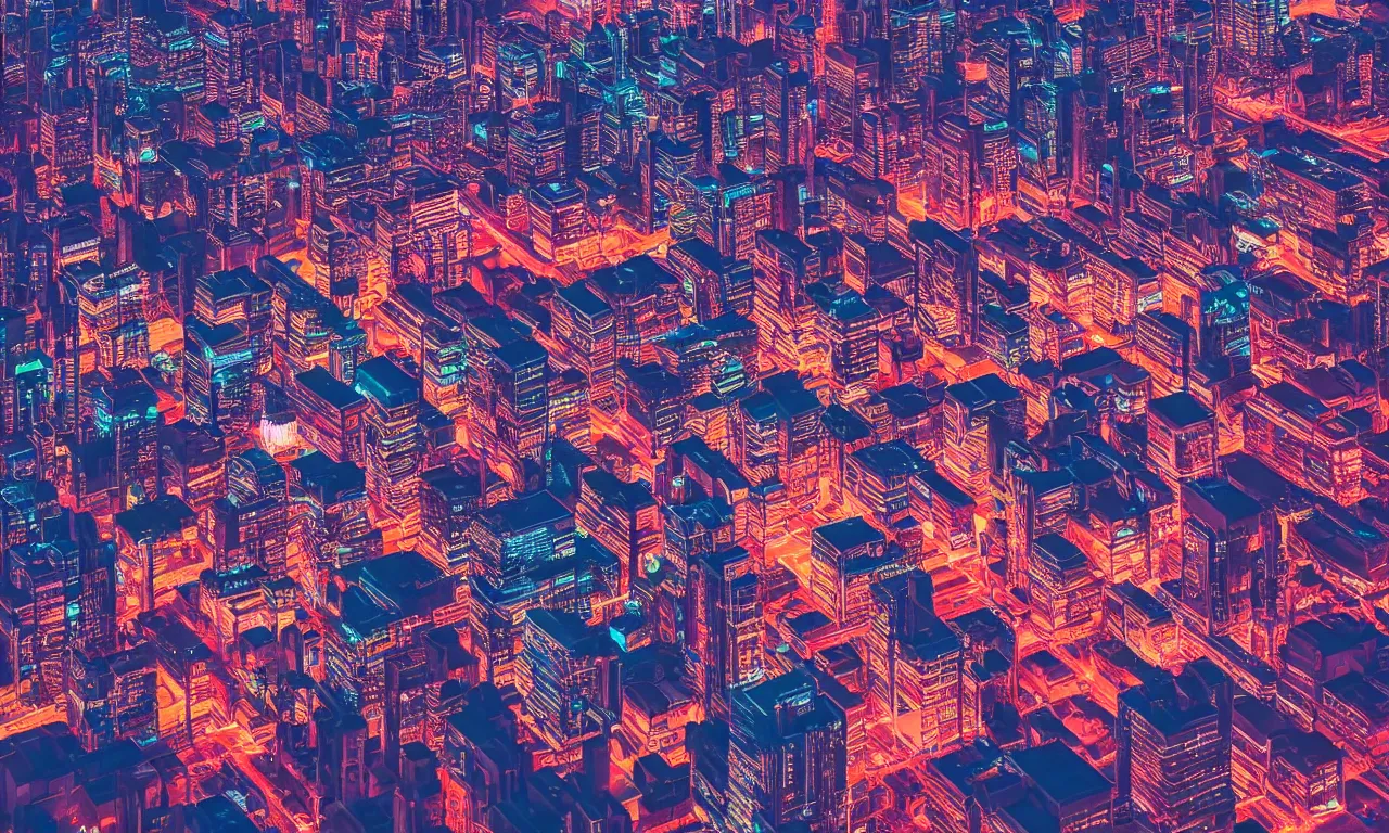 Image similar to bird eye view colorful photograph of a futuristic city, science fiction, night lights, beautifully lit buildings, drone view, mystic hues, distant, sharp focus, volumetric lights, digital art, RTX, hyperrealistic, cinematic, by lee madgwick