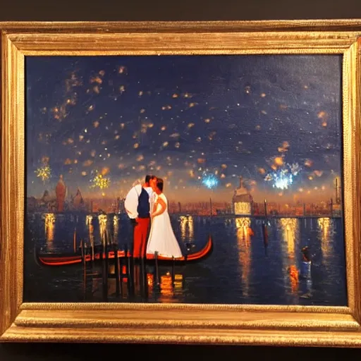 Image similar to an oil painting of couple kissing, in a background fireworks in venice