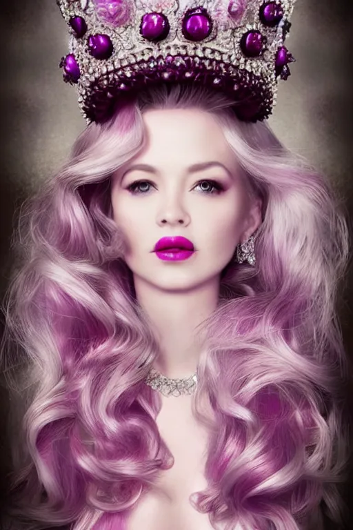 Image similar to lovely regal queen, portrait, updo of blonde and pink ombre hair, crown, flowerpunk, crystal coated violet flowers, by Natalie Shau