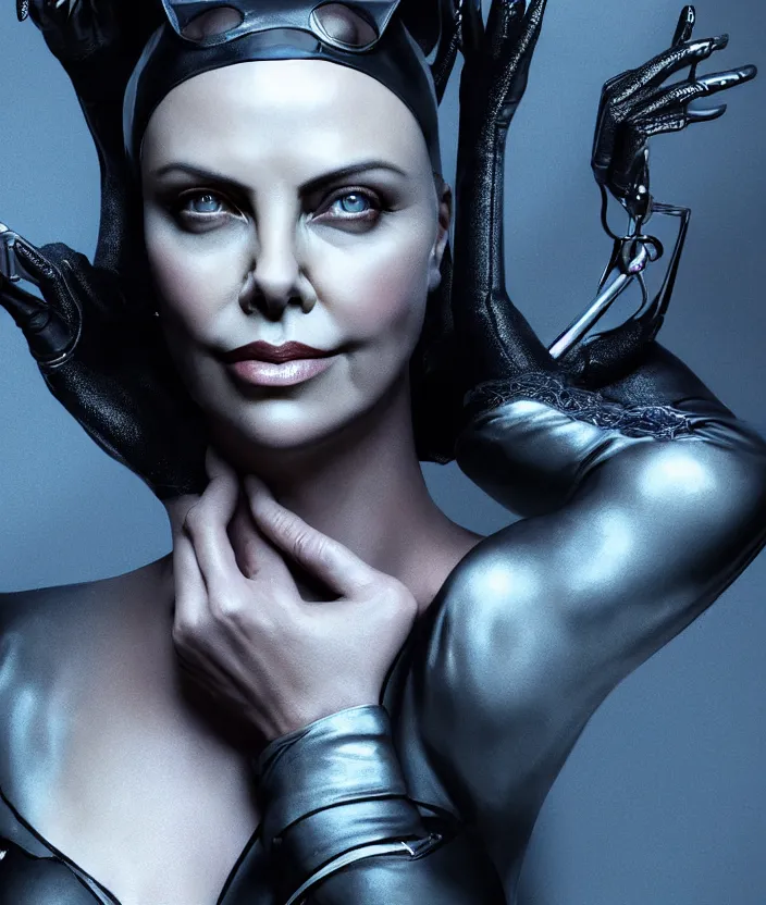 Image similar to portrait of charlize theron as catwoman. photograph. hd, 4 k. intricate artwork. by tooth wu, wlop, beeple, dan mumford. octane render, trending on artstation, greg rutkowski very coherent symmetrical artwork. cinematic, hyper realism, high detail, octane render, 8 k, iridescent accents.