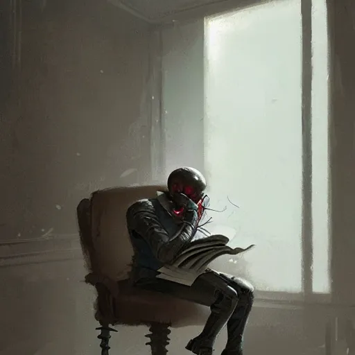 Prompt: robot reading the newspaper in his armchair in the background books near a window by Greg rutkowski, Trending artstation