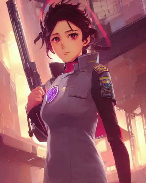 Image similar to anime key visual of a young elizabeth olzen as a police officer, neon, cyberpunk, futuristic, stunning, highly detailed, digital painting, artstation, smooth, soft focus, illustration, art by artgerm and greg rutkowski and alphonse mucha