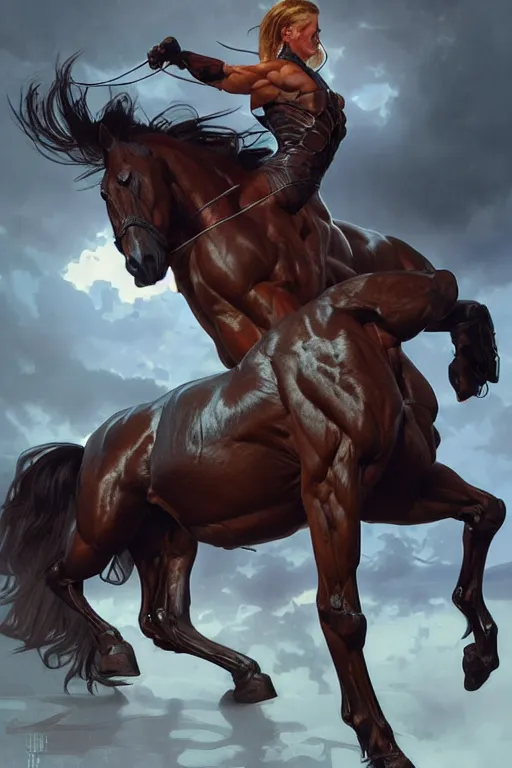 Image similar to an enormously muscular horse at a research facility doffed in leather, highly detailed, digital painting, artstation, concept art, sharp smooth focus, illustration, art by artgerm and greg rutkowski and alphonse mucha