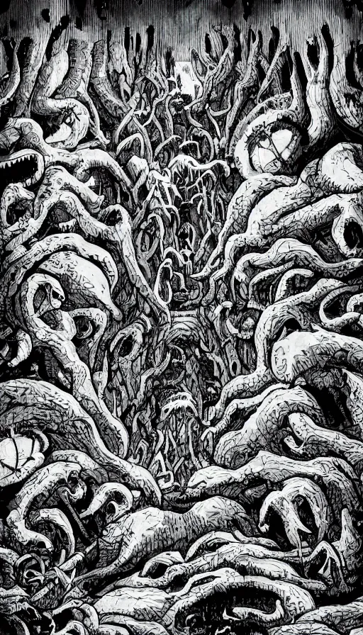 Image similar to a storm vortex made of many demonic eyes and teeth over a forest, by fortiche studio