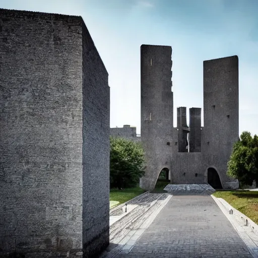 Prompt: a sci - fi beautiful brutalist monumental castle, with many towers sprouting from the base tower creating a complex and unique geometric building, photography