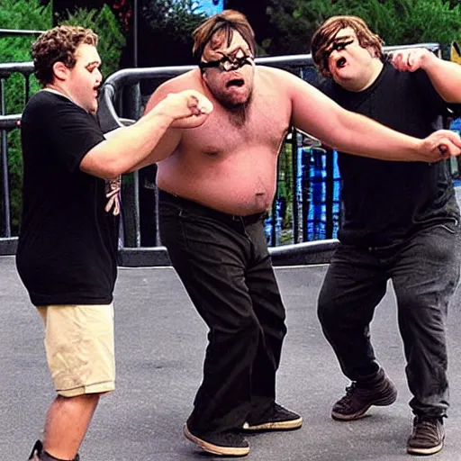 Prompt: “ jack black fistfighting jonah hill at six flags ”