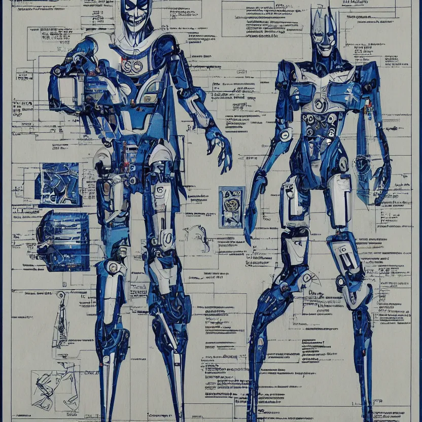 Image similar to blueprints for a robotic joker from the dark knight