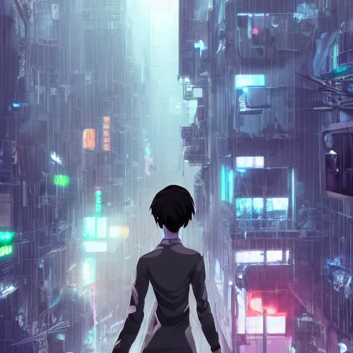 Image similar to mechanical android cyborg in crowded urban dystopia raining makoto shinkai