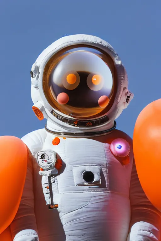 Prompt: still figurine of a tall giant inflated astronaut wearing oversized orange puffy bomber jacket, googly eyes, tareme eyes, personification, dynamic pose, detailed product photo, tone mapped, beautiful composition, 8 5 mm, f 5. 8, soft lighting