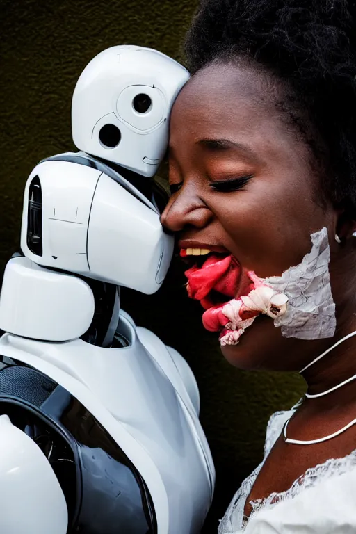 Image similar to a spectacular wideangle detailed closeup portrait photo, of a white robot kissing a african woman, beautiful low light mist