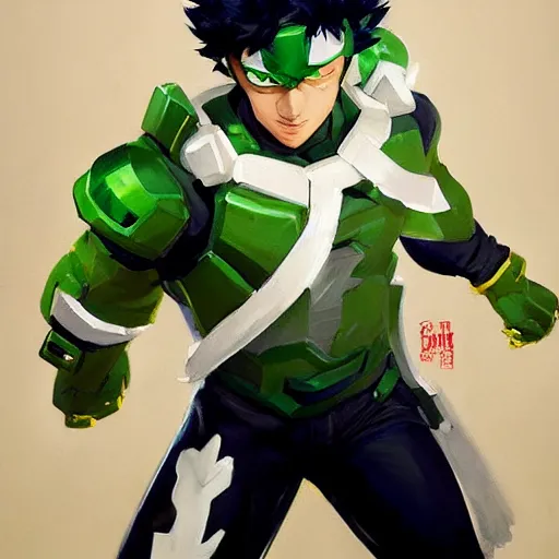 Image similar to greg manchess portrait painting of izuku midoriya as overwatch character, medium shot, asymmetrical, profile picture, organic painting, sunny day, matte painting, bold shapes, hard edges, street art, trending on artstation, by huang guangjian and gil elvgren and sachin teng