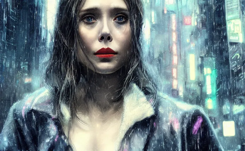 Prompt: detailed film still of portrait neon operator elizabeth olsen in the movie blade runner, messy ponytail, cyberpunk futuristic, neon, reflective puffy coat, decorated with traditional japanese by smail inceoglu dragan bibin hans thoma greg rutkowski alexandros pyromallis nekro, illustrated, perfect face, fine details, realistic shaded, fine - face, pretty face